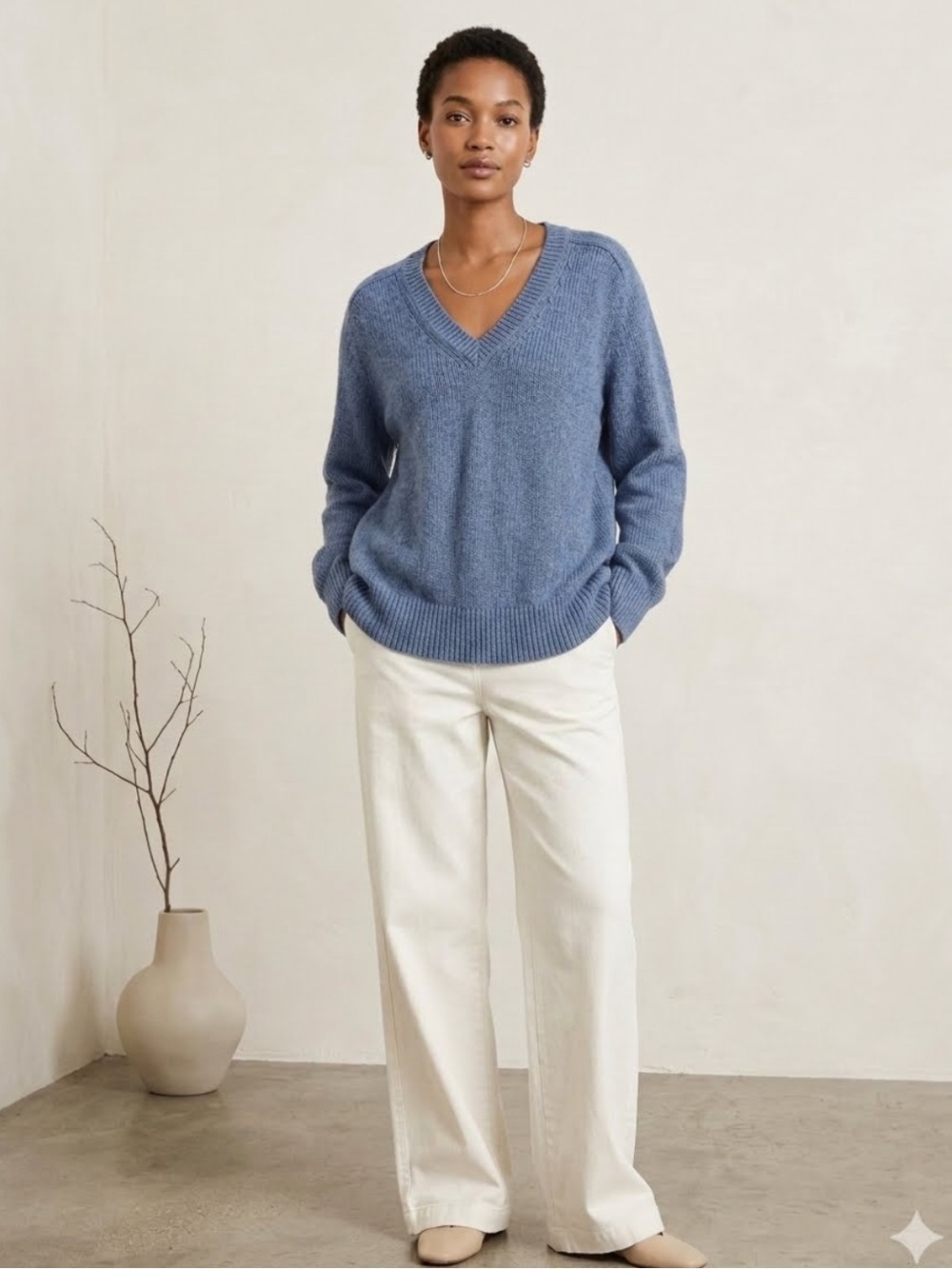 Buck Mason soft spun cotton v neck sweater slouchy blue relaxed size L new